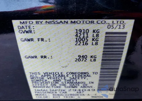 2013 Nissan Altima 2.5 from USA, damaged, VIN 1N4AL3AP2DC294049